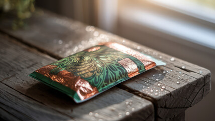 Close-up of a decorative green and copper foil package on a rustic wooden table with sunlight streaming through a window