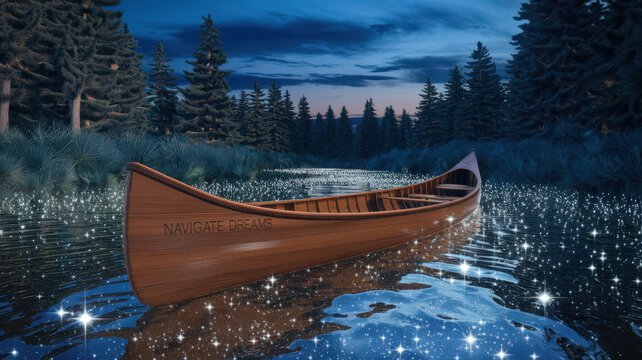 Wooden canoe floating on a sparkling river under a starry night sky surrounded by pine trees in a serene forest landscape - Powered by Adobe