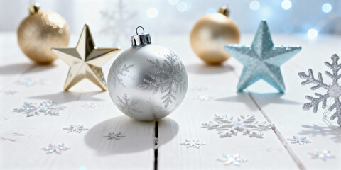 Festive Christmas ornaments with silver bauble, stars, and snowflake decorations on white wooden surface
