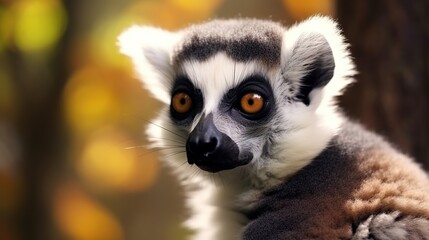 A Close-Up Portrait of a Curious Lemur with White Facial Mask and Orange Eyes in Autumnal Backdrop
