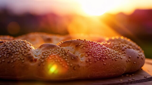 A freshly baked loaf of bread with sesame seeds glistens in the warm glow of the sunset. The bread&rsquo;s texture and golden color stand out against the serene background of the setting sun.