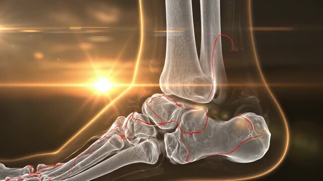 An anatomical illustration depicts a human ankle with highlighted bones and tendons surrounded by a radiant glow. The scene emphasizes the structure of the ankle and its intricate details.