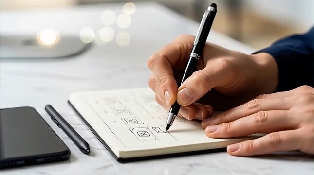 Close-up of hands sketching wireframe diagram in notebook for application design