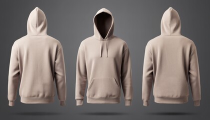 Three Views Of Beige Hoodie Mockup Set Showing Front And Back Isolated On Dark Grey Background Displaying Realistic Fabric Texture And Lighting For Apparel Design Showcase