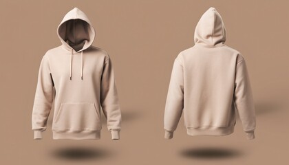 Blank Beige Hoodie Mockup Front And Back View Floating On Monochromatic Background Illustrating Casual Unisex Sweatshirt Template For Clothing Design And Branding Merchandise