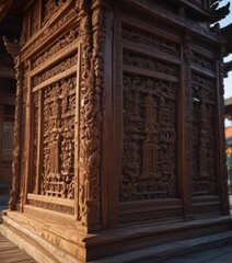 Obraz premium Intricate carvings adorn the ancient wooden pagoda, Hanoi, Asian culture, intricate carvings