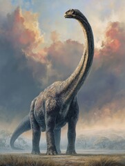 Obraz premium Majestic Long-Necked Dinosaur in a Stunning Prehistoric Landscape Under Dramatic Sky