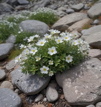 Low growing alpine saxifraga with delicate white flowers and blue-grey leaves on a rocky slope, alpines,  groundcover,  perennial