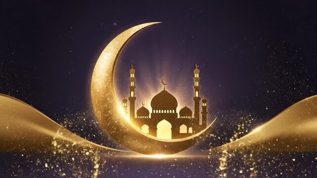 This luxurious golden crescent moon and mosque silhouette composition creates a stunning, elegant visual representation perfect for a Ramadan greeting background, celebrating the spiritual.