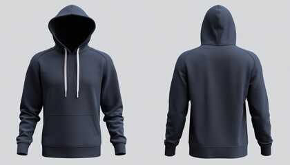 Realistic 3D Mockup of a Dark Blue Hooded Sweatshirt Showing Front and Back Views Isolated on Light Grey Background for Clothing Design Presentation and Merchandise Templates