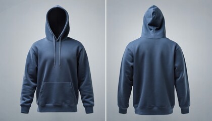 Realistic Dark Blue Hoodie Mockup Front And Back View Isolated On A Neutral Grey Background Showing Details Like Drawstrings And Kangaroo Pocket For Apparel Design Presentation