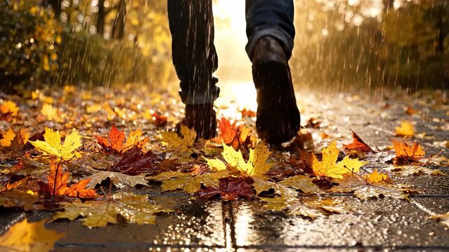 A man walks carefully through a path covered in vibrant autumn leaves, as rain falls softly around him. The autumn leaves create a colorful tapestry that complements the quiet ambiance of the scene.