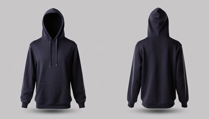Blank Navy Blue Pullover Hoodie Mockup Showing Front And Back View Isolated On Light Grey Background For Casual Apparel Design Presentation And Branding Templates
