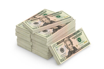 Stack of US Twenty Dollar Banknotes on a white background