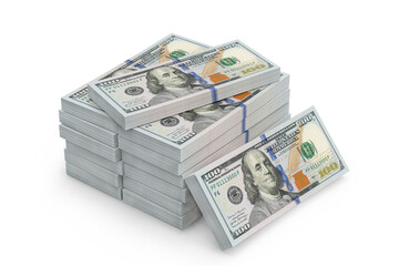 Stack of US One Hundred Dollar Banknotes on a white background
