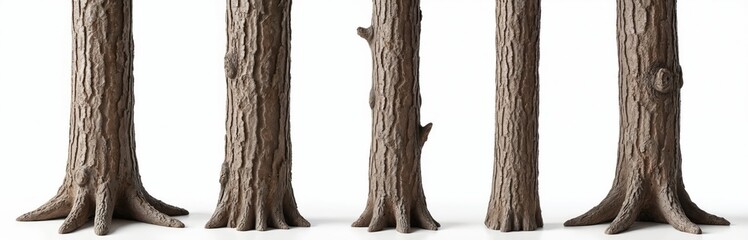 Collection of five tree trunks stand isolated on white background showing bark texture and root systems. Natural wooden objects display growth patterns and rugged details for design.
