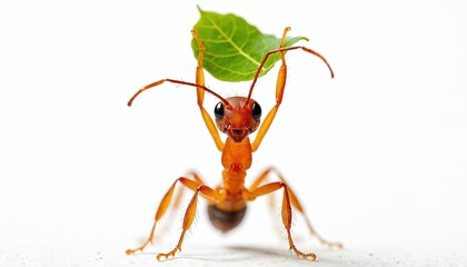 Orange ant carries green leaf fragment overhead. Insect works hard on white background. Tiny creature shows great effort and strength, a symbol of nature and diligence.