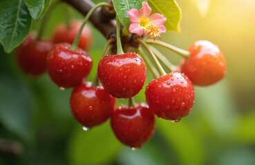 Ripe red acerola cherries with water droplets grow on green tree branch near small pink flower. Juicy tropical fruits are ready for harvest in summer. Healthy sweet food.