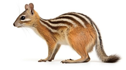 Obraz premium Adorable striped chipmunk standing alert on a white background with distinctive dorsal stripes