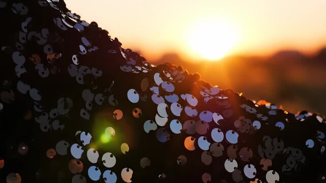 A shimmering fabric adorned with sequins catches the light of a setting sun, creating a radiant effect. This scene highlights the beauty of the sequins as they reflect colors from the sunset.