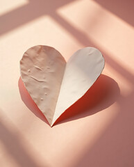 Folded paper heart casting soft shadow on soft pink surface with geometric window light stripes