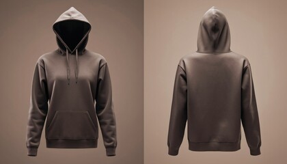 Front And Back View Of Textured Dark Brown Hoodie Mockup Showing Realistic Fabric Detail And Drawstrings Isolated On Neutral Beige Background Perfect For Clothing Design