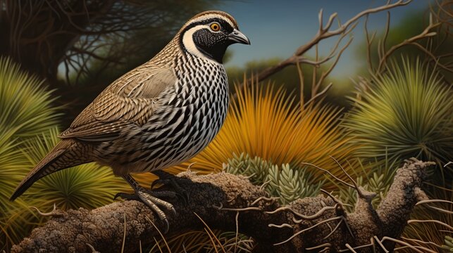 Brown Speckled Quail Perched on a Rocky Desert Ledge Among Yellow Tufted Grasses