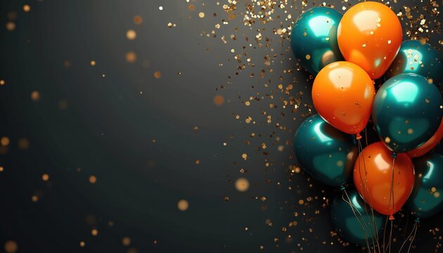 Group of teal and orange balloons float with gold confetti on dark background. Festive decoration for party, birthday, or holiday event adds celebratory mood.