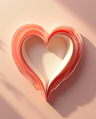 Layered 3d paper heart outline standing up casting soft shadow on pale pink surface with sunlight