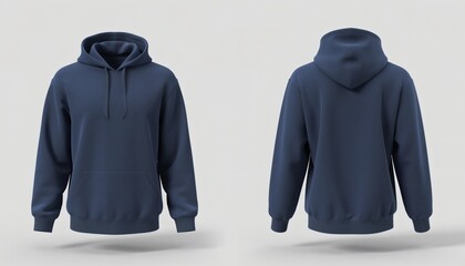Blank Navy Blue Hoodie Mockup Front And Back View Isolated On Light Grey Background Showing Realistic Texture And Shadows For Casual Streetwear Apparel Design Presentation