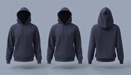 Three navy blue hooded sweatshirts floating against a plain light grey background showing front and back views for apparel design mockup presentation and branding template