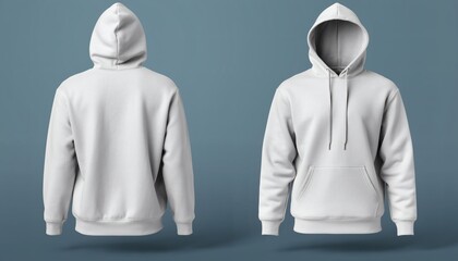Blank White Hoodie Mockup Front And Back View Isolated On Blue Background 3d Rendering Of Casual Sportswear Template For Design Presentation Merchandising And Branding Projects