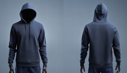 Dark Navy Blue Hoodie Mockup Displaying Front And Back Views On Ghost Mannequin With Hood Up Isolated On Neutral Grey Studio Background For Fashion Apparel Design Presentation
