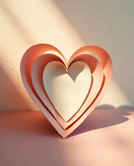 Three dimensional layered paper heart form standing up against pink background showing depth and sunlight