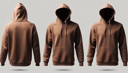 Three Realistic Brown Hoodie Mockups Showing Front And Back Views Of Streetwear Apparel Isolated On Plain Grey Studio Background For Merchandise Design Presentation