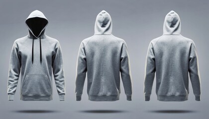 Blank Gray Melange Hoodie Mockup Featuring Front And Back Views Floating Against A Neutral Studio Background For Custom Apparel Design Presentation And Branding Templates