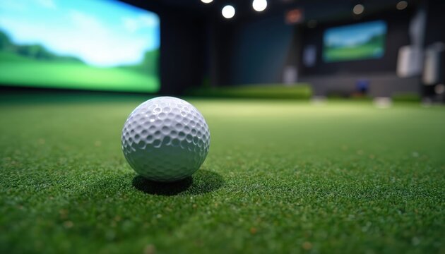 Golf ball sits on artificial turf in indoor simulator. Screen shows green course landscape. Modern tech lets golfers practice swings year round anytime. - Powered by Adobe