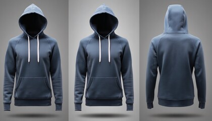Realistic Mockup Of A Blue Cotton Hoodie With White Drawstrings Isolated On A Grey Background Showing Front And Back Views For Casual Fashion Apparel Design Presentation And