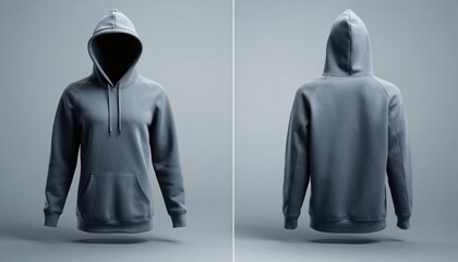 Dual View Of Floating Grey Hoodie Mockup With Front And Back Perspectives On A Clean Light Background For Apparel Design Presentation And Clothing Merchandising