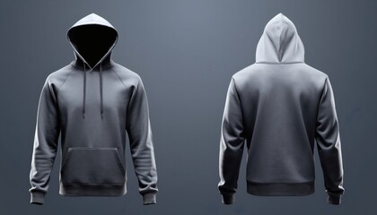 Realistic Grey Hoodie Mockup Front And Back View Displayed On Invisible Mannequin With Hood Up Isolated On Textured Dark Blue Background For Clothing Design Presentation And