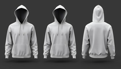 Blank White Hoodie Mockup Set With Front And Back Views Featuring Long Sleeves And Kangaroo Pockets Isolated On Dark Grey Background For Apparel Design Presentation