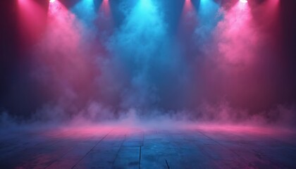 Naklejka premium Empty stage with colored lights and smoke effects. Blue and pink spotlights illuminate a wooden floor. Scene ready for performance or event setup, creating dramatic atmosphere.