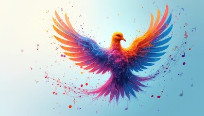 Obraz premium Colorful bird formed from musical notes flies upward. Abstract art symbolizes freedom of expression and creativity. Artistry in motion with vibrant paint splashes and harmonious sounds.