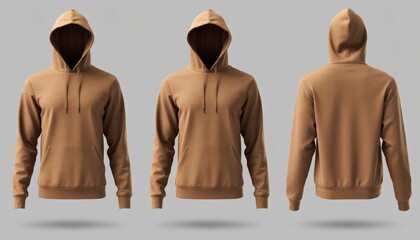 Blank Camel Brown Hoodie Mockup Set Featuring Front and Back Views Isolated on Grey Background for Clothing Design Presentation and Merchandising Templates with Realistic Shadows