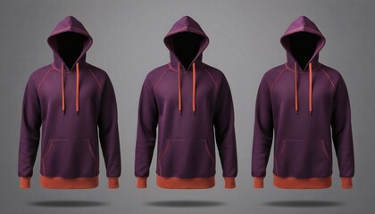Three Identical Dark Purple And Orange Hoodies Arranged In A Row Featuring A Pixelated Knit Texture Invisible Ghost Mannequin Effect On A Textured Grey Background With Subtle