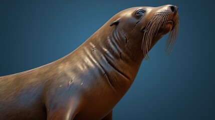 Obraz premium Close-up Portrait of a Curious Sea Lion with Upward Gaze Against Blue Background