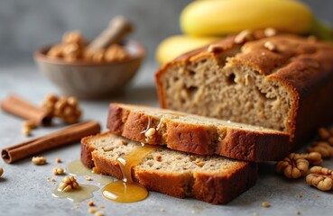 Homemade banana bread with walnuts and honey slices are stacked. Fresh baked loaf rests beside cinnamon sticks and whole bananas. Delicious sweet breakfast treat, perfect for sharing.