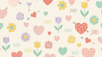 The background features a lovely pattern of colorful flowers and hearts on a cream surface.