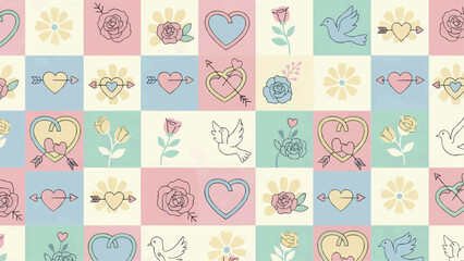A heartwarming scene of colorful illustrations featuring hearts, flowers, and birds in a lively checkerboard pattern on a vibrant background.