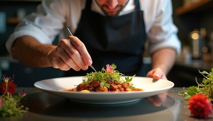 Chef carefully garnishes gourmet meal with microgreens and edible flower. Pro cook prepares fine dining plate artfully, arranging food composition in restaurant kitchen.